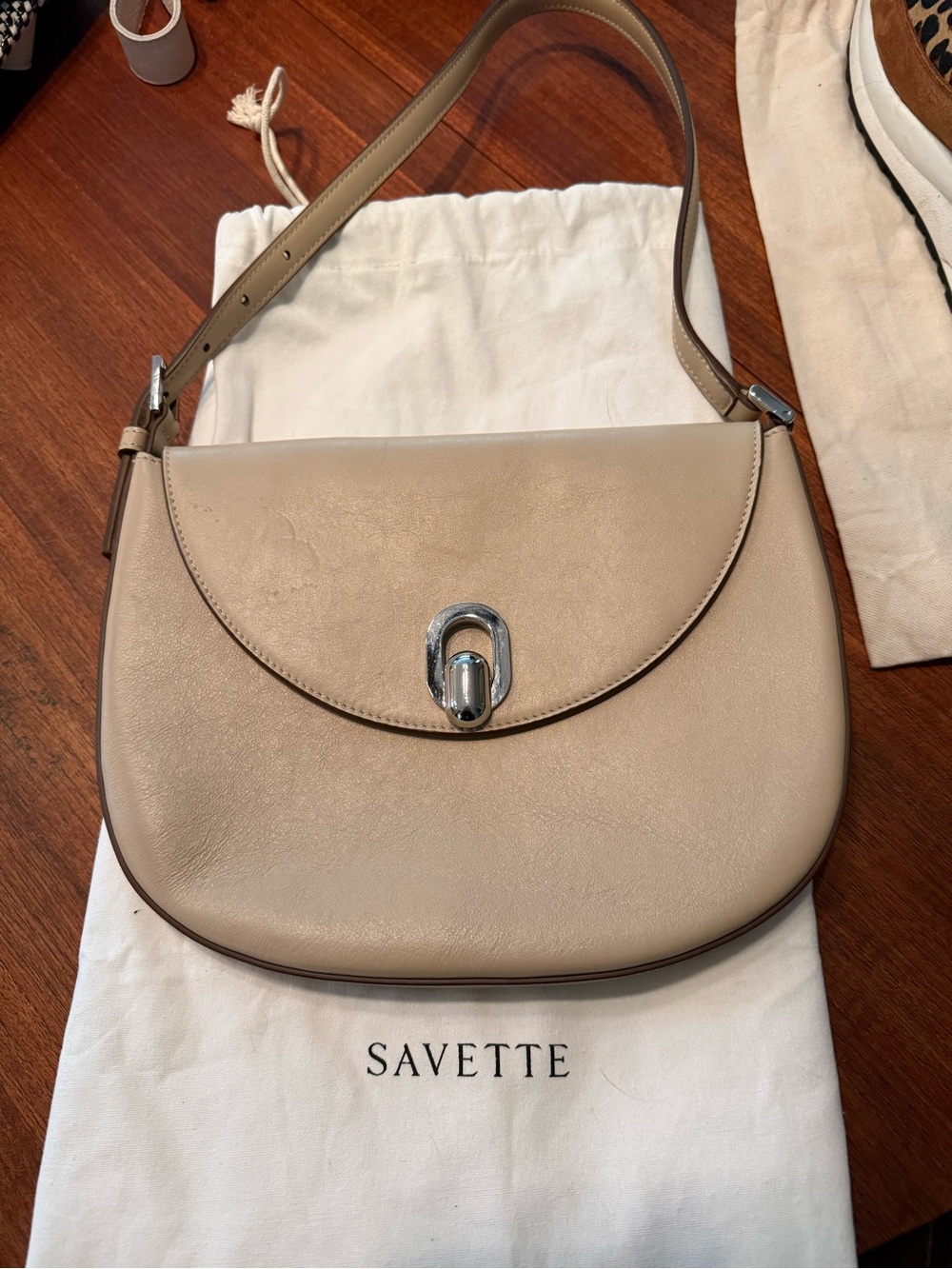 Savette Taupe Leather Shoulder Bag with Silver Turn-Lock
